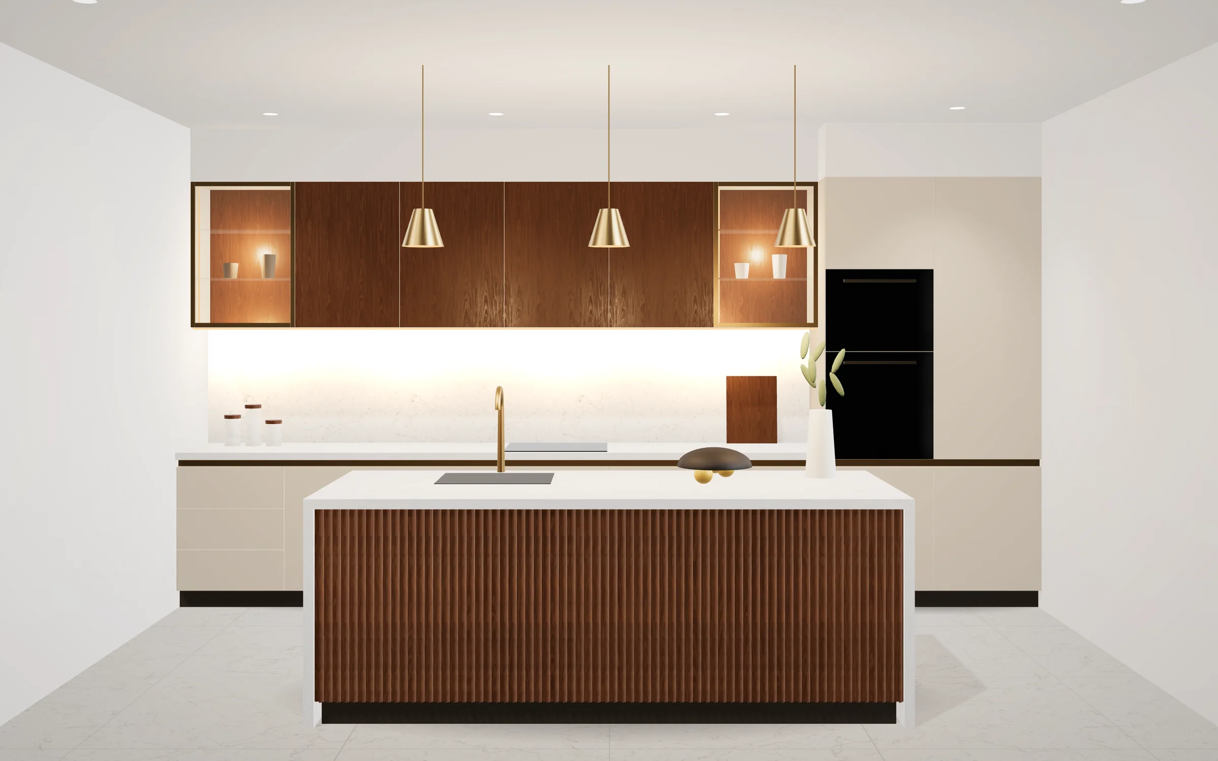 A handleless modular kitchen made by Zyra